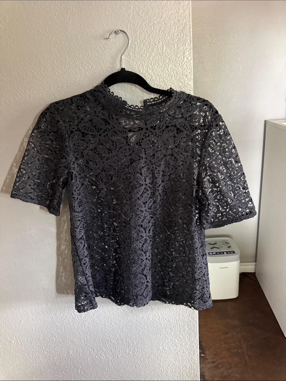 LOFT Black Lace Short-Sleeve Crewneck Top